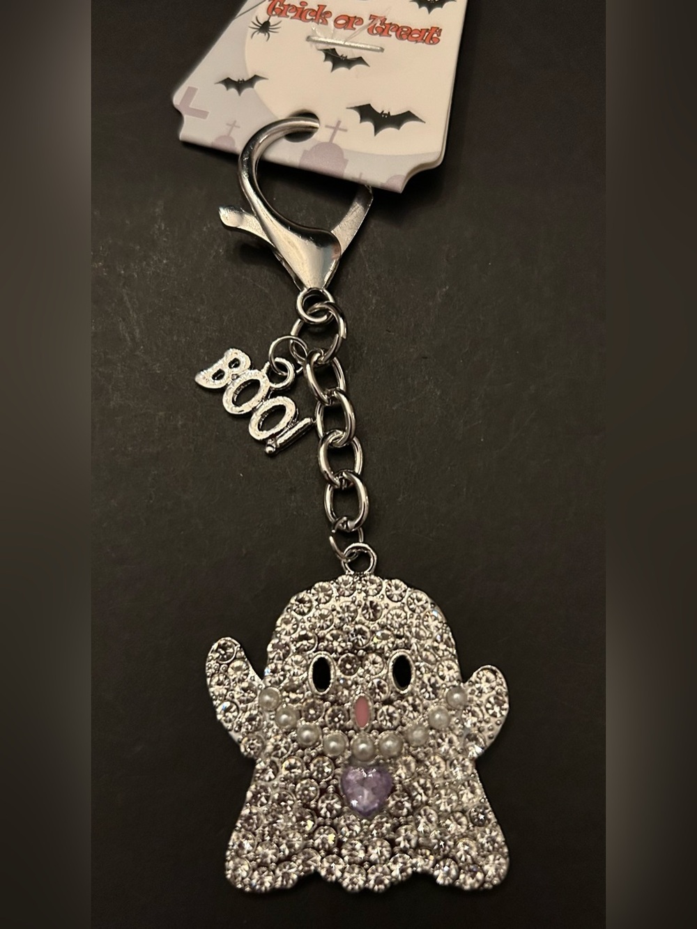 Silver Rhinestone Ghost π» Bag CharmKeychain with Pink Nose and Purple Heart